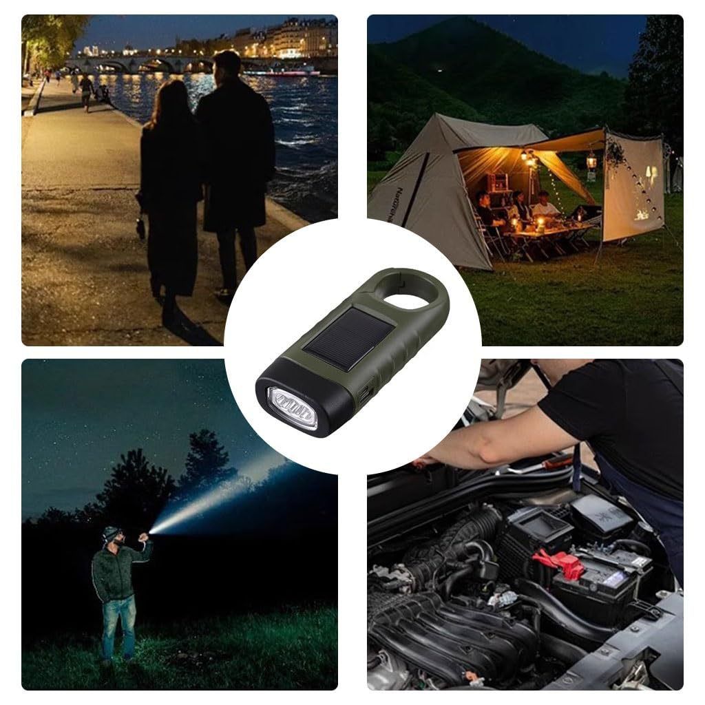 Hand Crank Solar Powered Flashlight, Emergency Rechargeable LED Flashlight with Dynamo Carbiner, Survival Flashlight, Quick Snap Carbiner Dynamo Flashlight Torch for Outdoor Sports