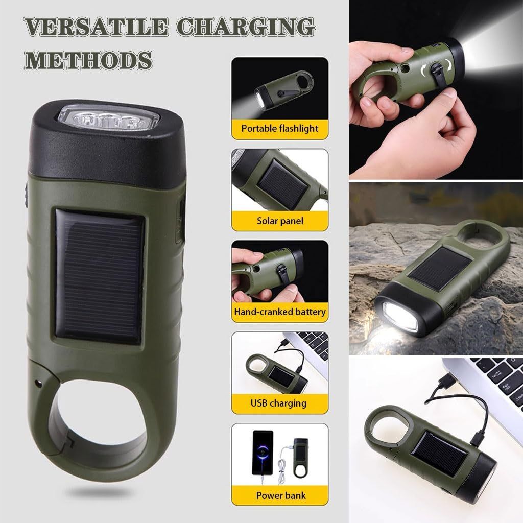 Hand Crank Solar Powered Flashlight, Emergency Rechargeable LED Flashlight with Dynamo Carbiner, Survival Flashlight, Quick Snap Carbiner Dynamo Flashlight Torch for Outdoor Sports