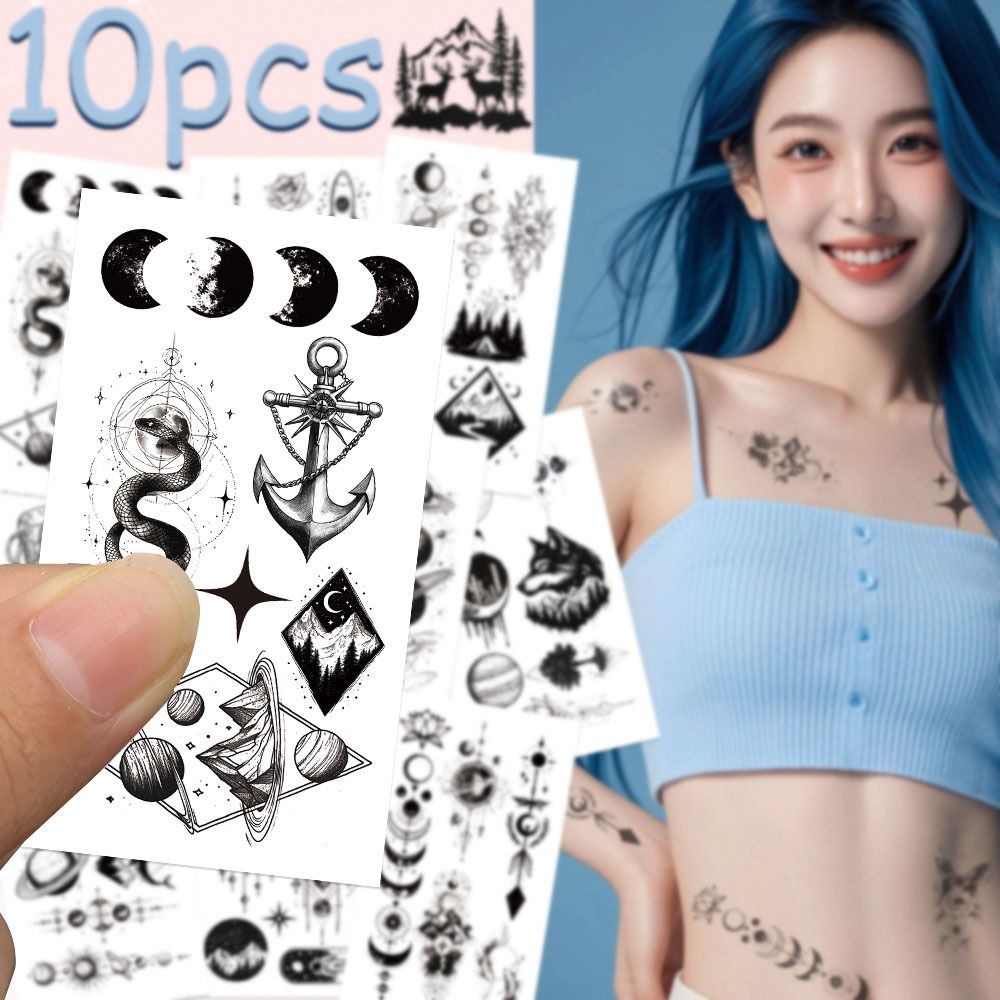 10 sheets Temporary Tattoos Stickers, Including Fake Tattoos Waterproof Black Geometry Snakes, technology, space, astronauts, wolves, sharks, mountains, sun, moon Tattoos for Man lady and Kids