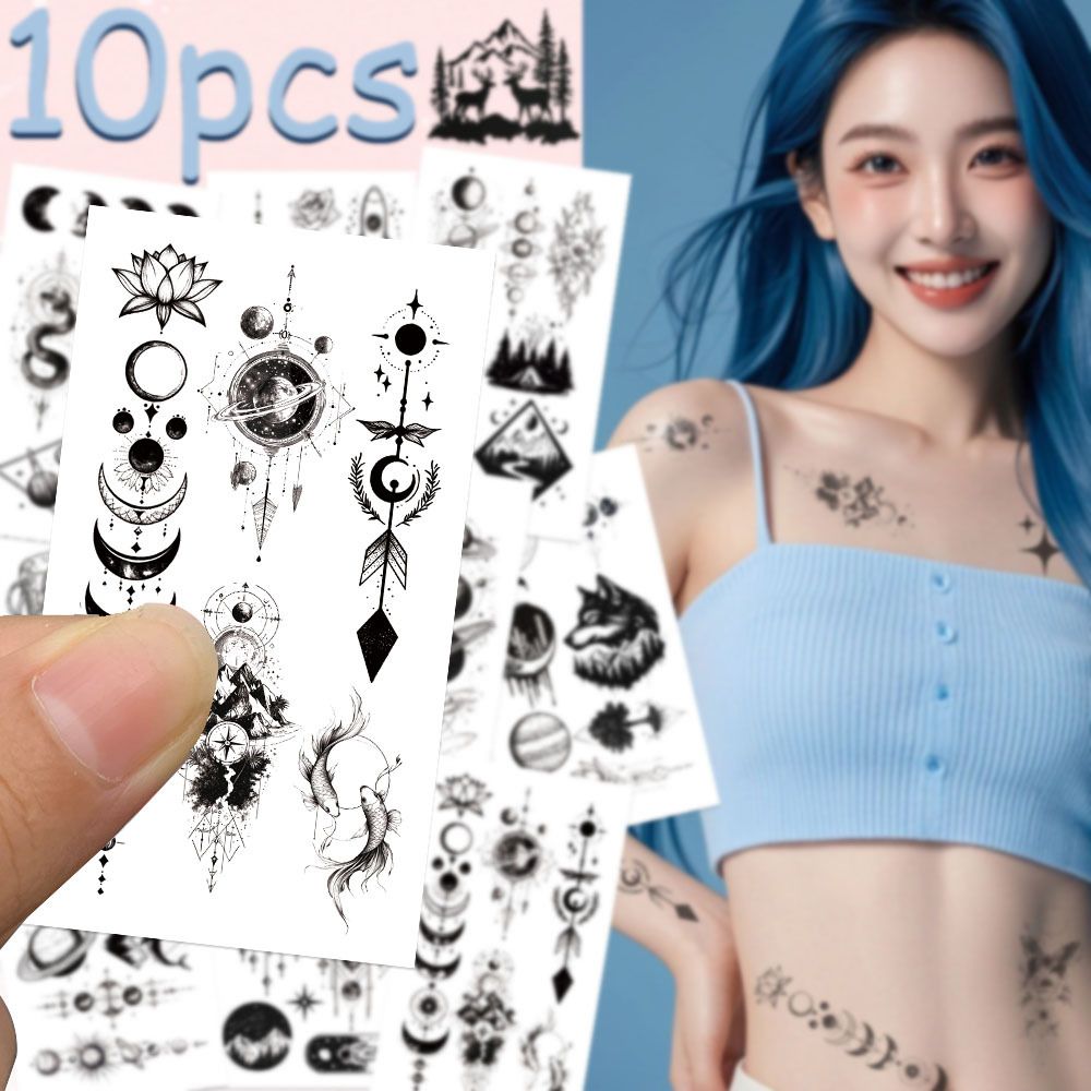 10 sheets Temporary Tattoos Stickers, Including Fake Tattoos Waterproof Black Geometry Snakes, technology, space, astronauts, wolves, sharks, mountains, sun, moon Tattoos for Man lady and Kids