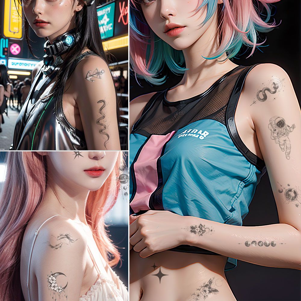 10 sheets Temporary Tattoos Stickers, Including Fake Tattoos Waterproof Black Geometry Snakes, technology, space, astronauts, wolves, sharks, mountains, sun, moon Tattoos for Man lady and Kids