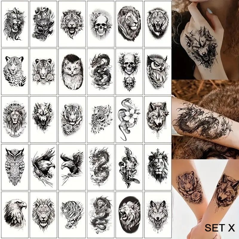 30 Sheets Wolf Lion Tiger Beast Temporary Tattoos For Adults Men Women, Long-lasting Realistic Wild Beast Animal Designs Tattoos for Body Arm Leg Back