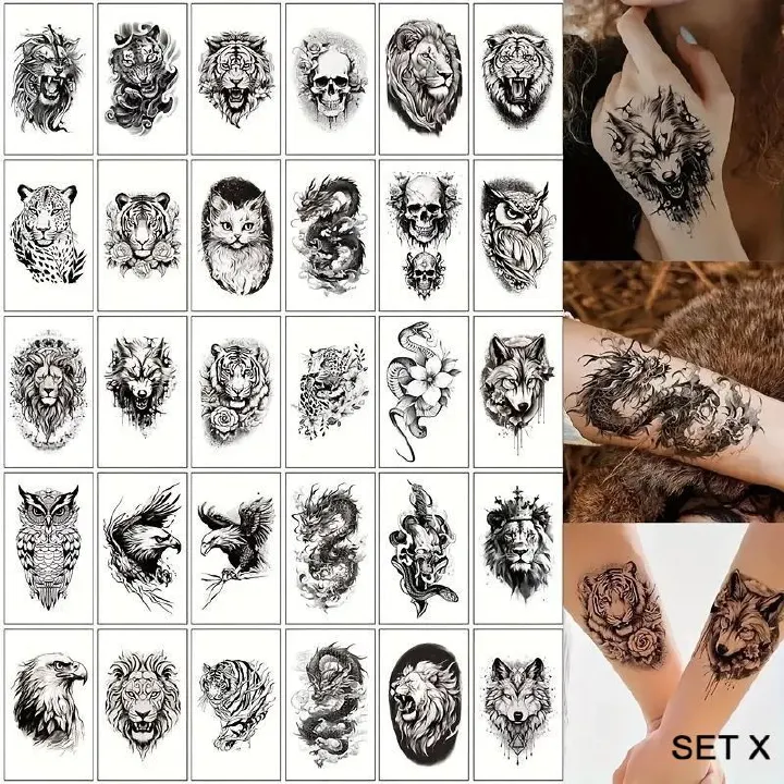 30 Sheets Wolf Lion Tiger Beast Temporary Tattoos For Adults Men Women, Long-lasting Realistic Wild Beast Animal Designs Tattoos for Body Arm Leg Back