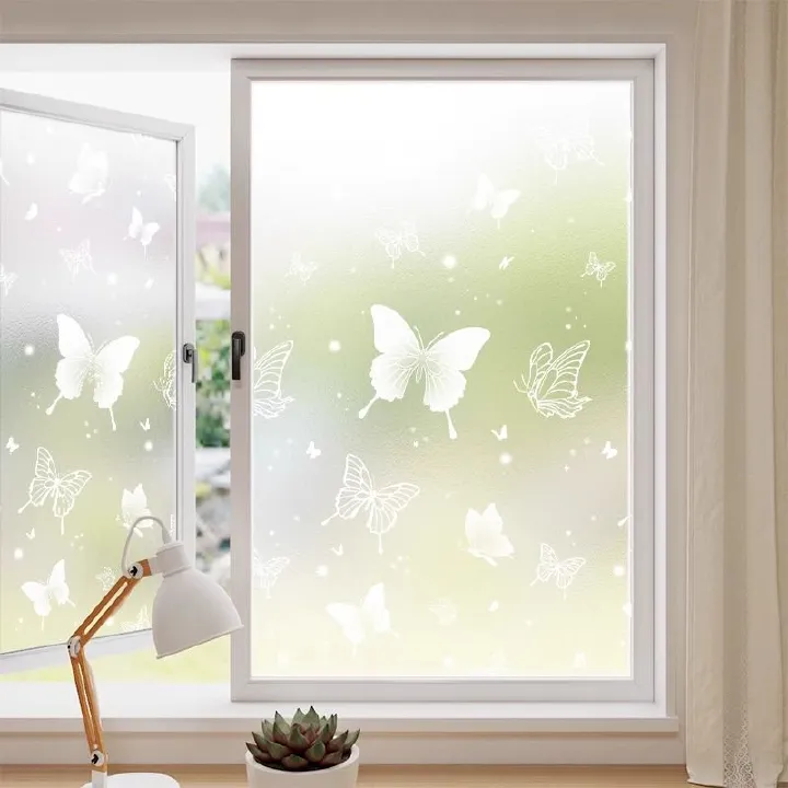 Window Privacy Film, Non-Adhesive Frosted Sun Heat Blocking Window Clings Easy to Apply & Removable Adhesive Reusable Door Stickers for Home Bathroom Office Decorative Stained Glass Window Film