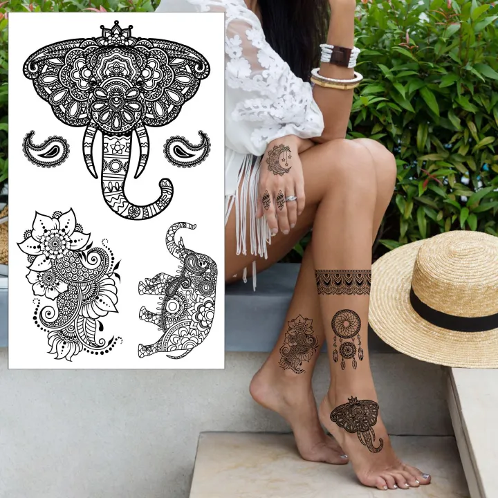 Temporary Tattoos For Women Girls, Waterproof Fake Tattoos Temporary Elephant Ganesha Lace Tattoo Kits, Lotus Mandala Flower Henna Tatoo Sticker Mandala Moon Neck Chest Arm Butterfly Party Favor
