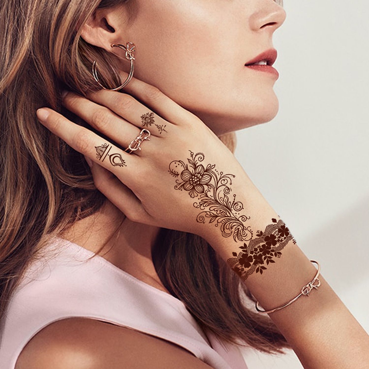 Temporary Tattoos For Women Girls, Waterproof Fake Tattoos Temporary Elephant Ganesha Lace Tattoo Kits, Lotus Mandala Flower Henna Tatoo Sticker Mandala Moon Neck Chest Arm Butterfly Party Favor