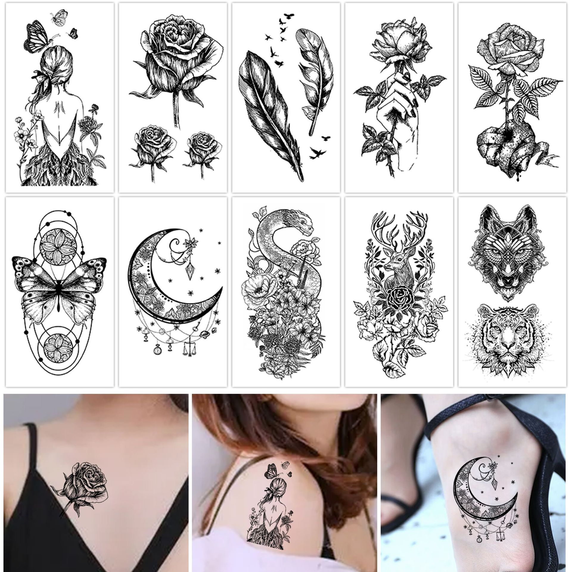 Temporary Tattoos For Women Girls, Waterproof Fake Tattoos Temporary Elephant Ganesha Lace Tattoo Kits, Lotus Mandala Flower Henna Tatoo Sticker Mandala Moon Neck Chest Arm Butterfly Party Favor