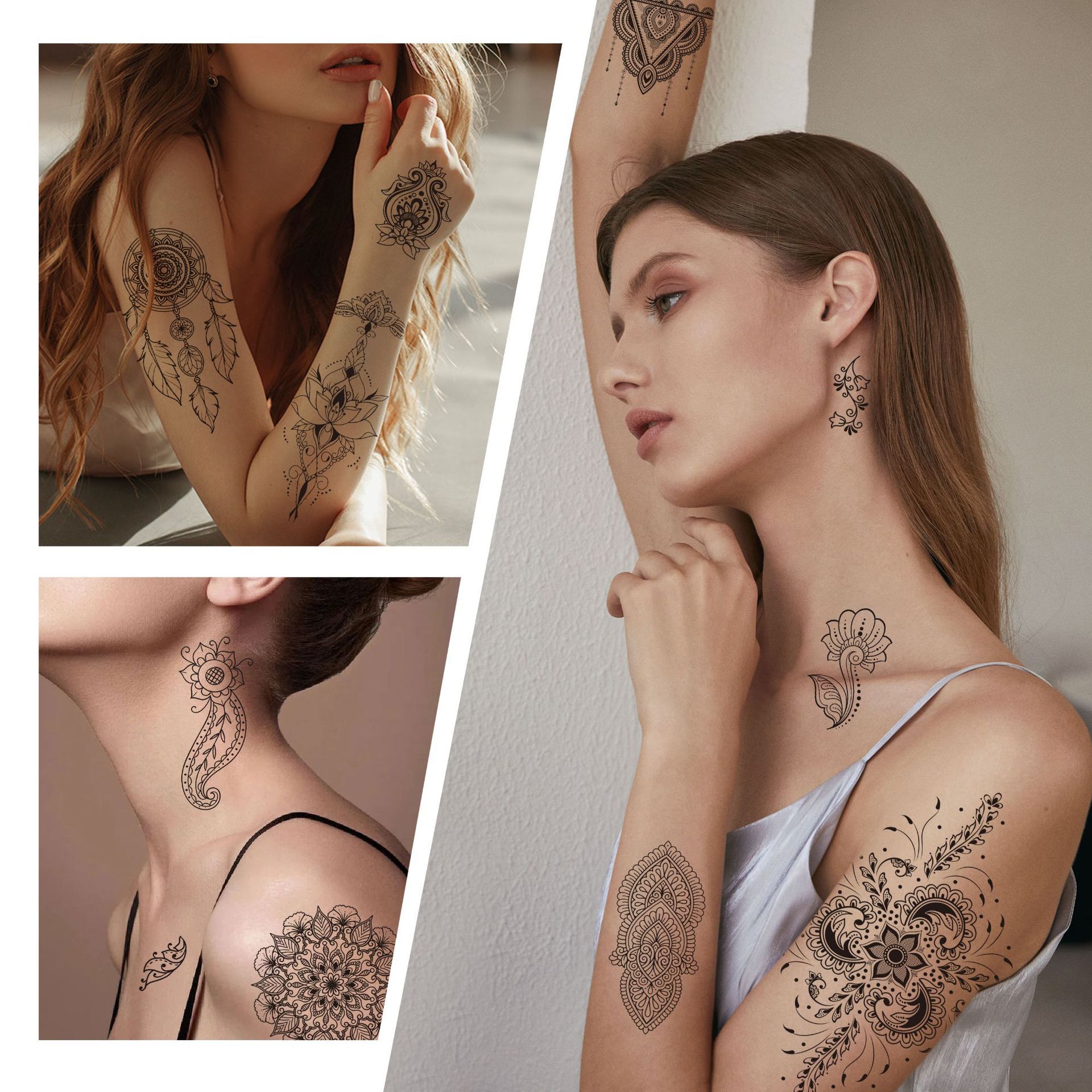 Temporary Tattoos For Women Girls, Waterproof Fake Tattoos Temporary Elephant Ganesha Lace Tattoo Kits, Lotus Mandala Flower Henna Tatoo Sticker Mandala Moon Neck Chest Arm Butterfly Party Favor
