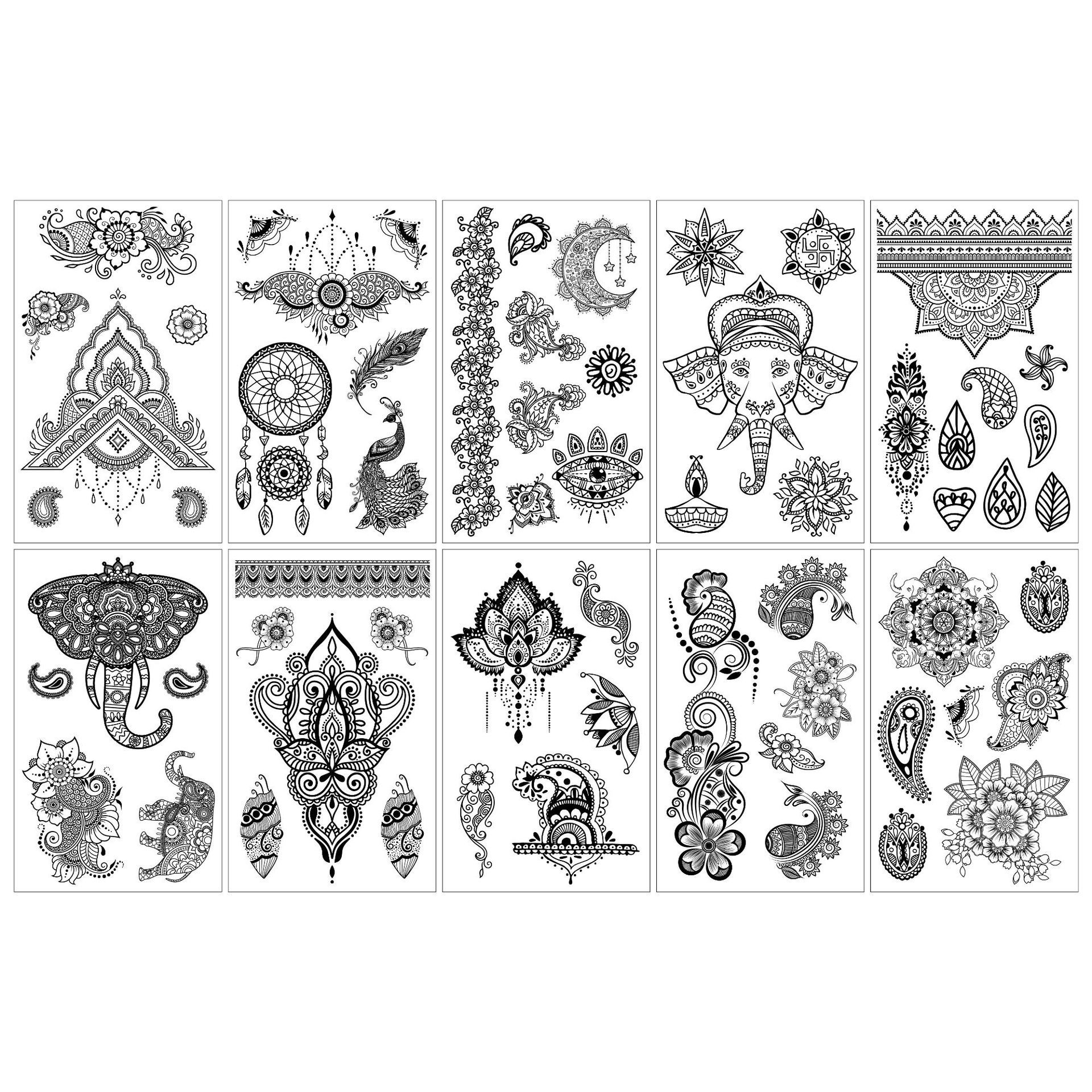 Temporary Tattoos For Women Girls, Waterproof Fake Tattoos Temporary Elephant Ganesha Lace Tattoo Kits, Lotus Mandala Flower Henna Tatoo Sticker Mandala Moon Neck Chest Arm Butterfly Party Favor