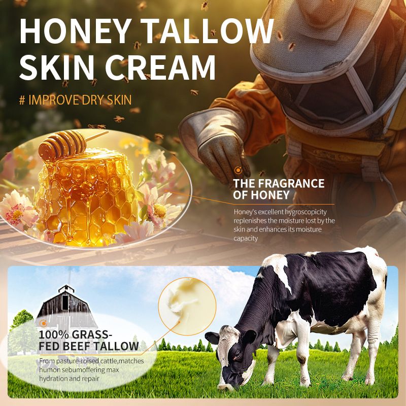 Tallow Honey Balm, Marroomi Beef Tallow for Skin, Holicow Organic Grass-Fed Beef Tallow Balm with Raw Honey, Natural Formula for Dry & Sensitive Skin Ultra-Hydrating Tallow Face Cream
