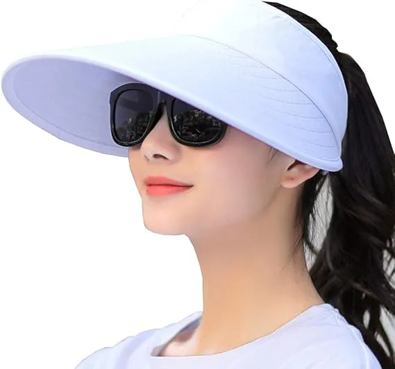 Sun Visor Hats Women foldable  Large Brim Summer UV Protection Beach Cap Sport Sun Hats Adjustable Empty Top Face Covering for Beach Hiking Outdoor Sun Protection