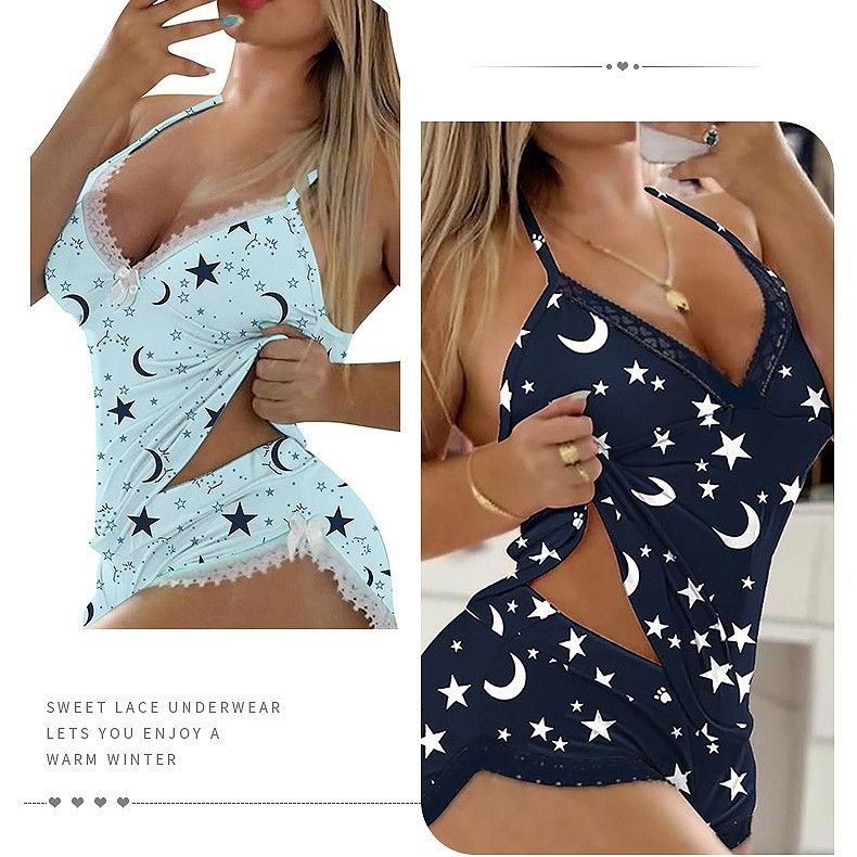 Women Pajamas set Cami Shorts Set Nightwear Sexy Lace Lingerie Sleepwear lingerie silky Print Cami Pj cute shorts set Soft Lingerie Camisole Sleepwear