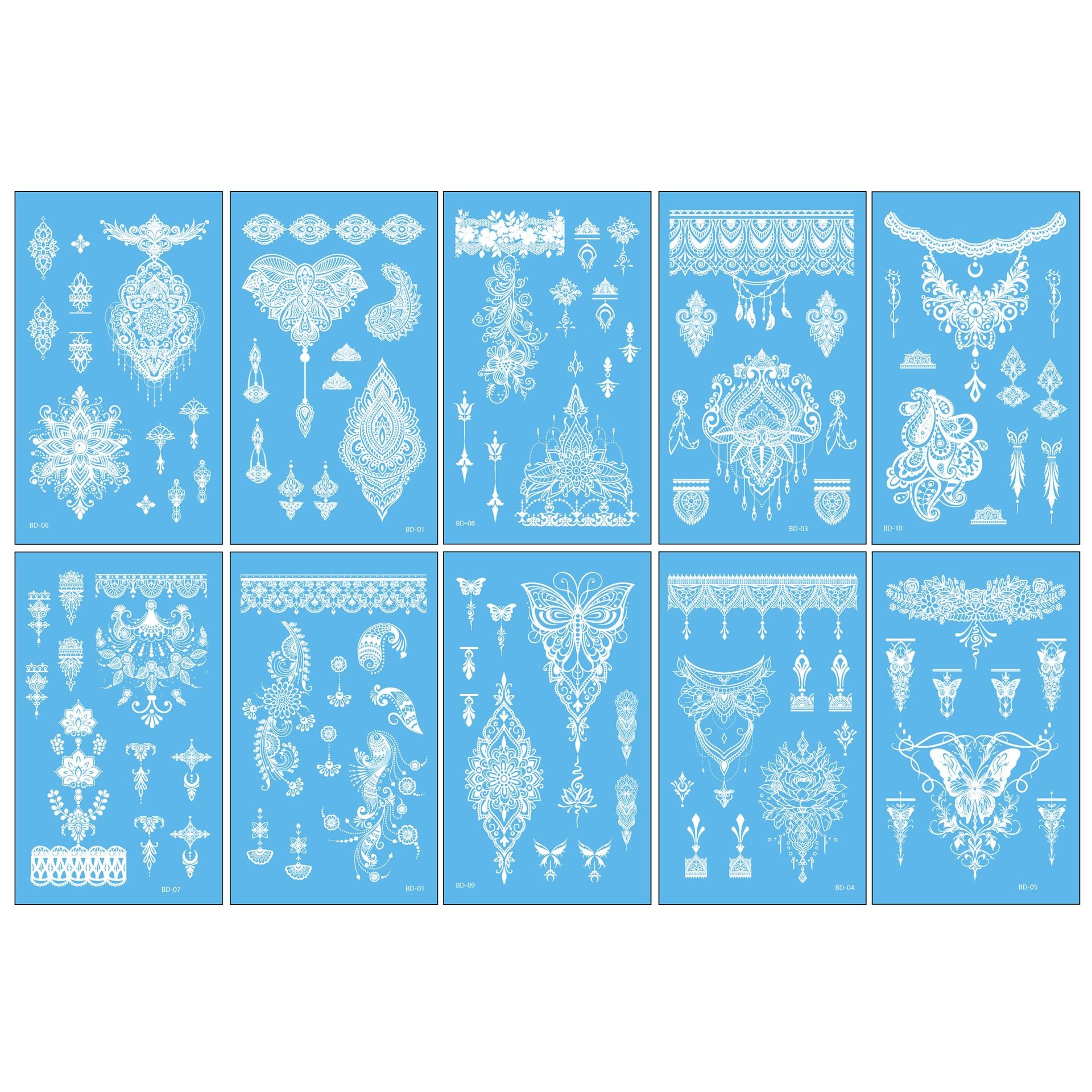 Henna Temporary Tattoos for Women, Waterproof Realistic Red Brown White Henna Mehndi Stickers, Fake Tattoos Body Art Sticker for DIY Wedding Beach Rave Festival Party Makeup Body Paint Parties etc