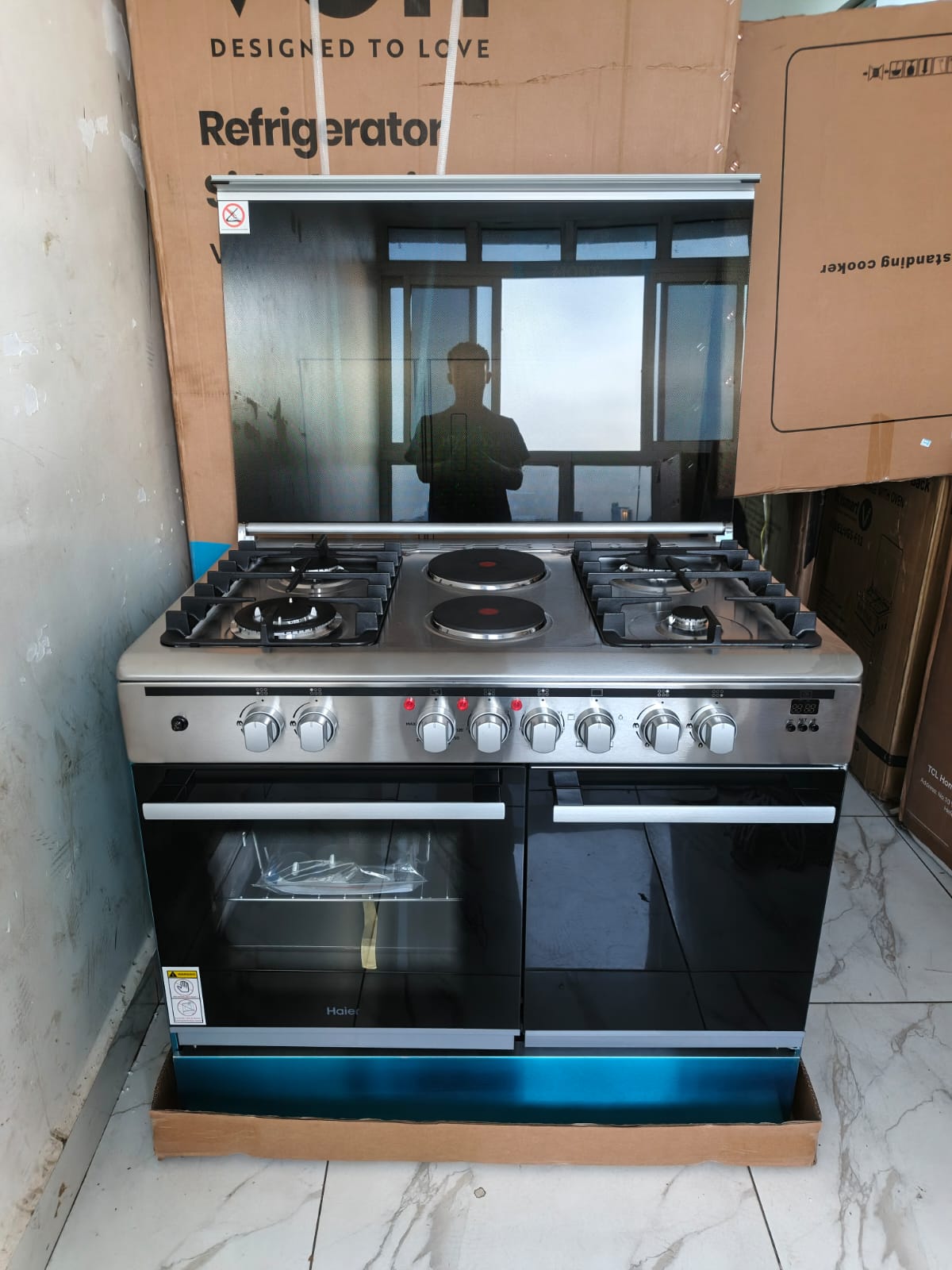 Haier 60x90 Standing Cooker – 4 Jet Gas Burners + 2 Rapid Hotplates with Flame Failure Safety