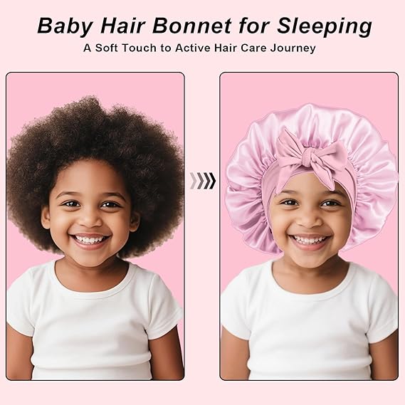 Girls Satin Hair Bonnet Kids Satin Bonnet Sleeping Cap Silk Cap Baby Bonnet With Black Tie Band-babypink