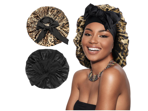 Cheetah-Print Satin Silk Bonnet for Sleeping Women, Large Cute Bonnet with Long Strap Tie Band Adjustable Sleep Night Cap Hair Bonnet