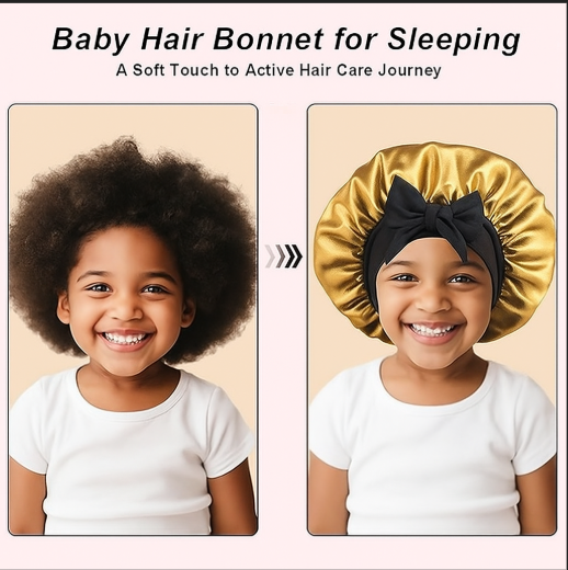 Girls Satin Hair Bonnet Kids Satin Bonnet Sleeping Cap Silk Cap Baby Bonnet With Black Tie Band-GOLD
