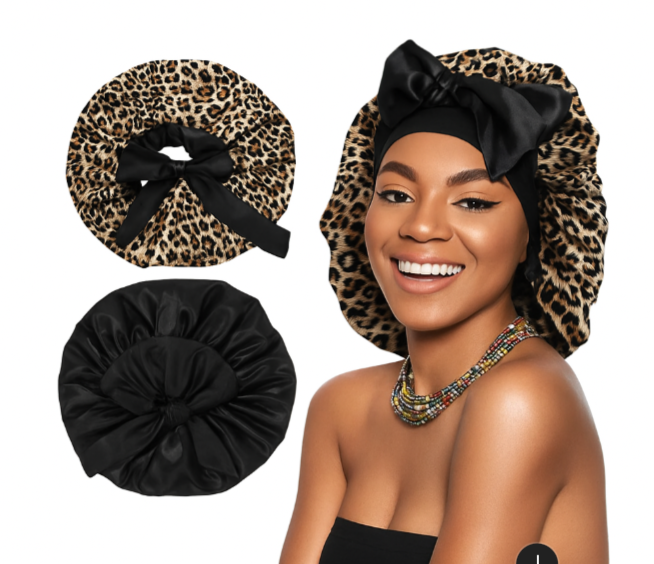 Cheetah-Print Satin Silk Bonnet for Sleeping Women, Large Cute Bonnet with Long Strap Tie Band Adjustable Sleep Night Cap Hair Bonnet