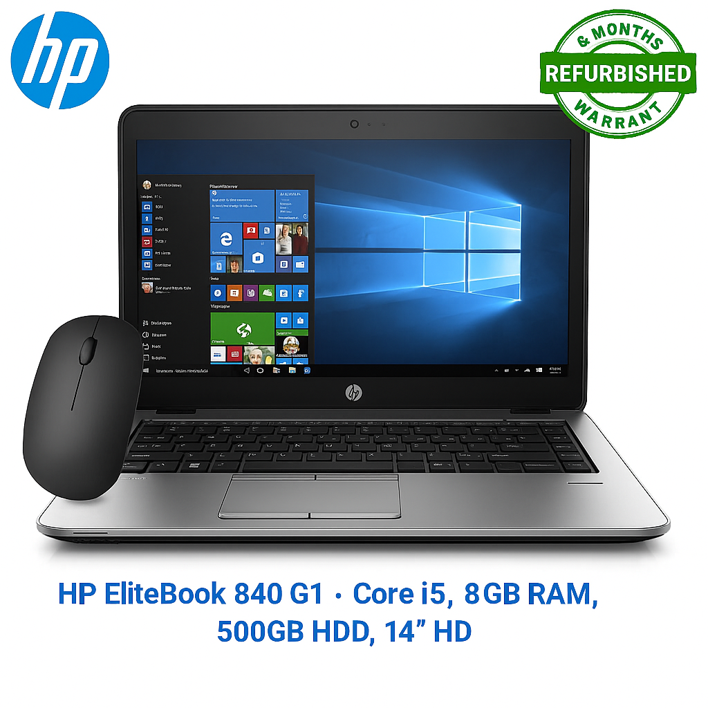Refurbished HP EliteBook 840 G1 – Core i5 | 8GB RAM | 500GB HDD | 14" HD Display | Windows 10 Pro  | Webcam | Bluetooth | Slim Design+ Free Wireless Mouse+ Free Laptop Bag