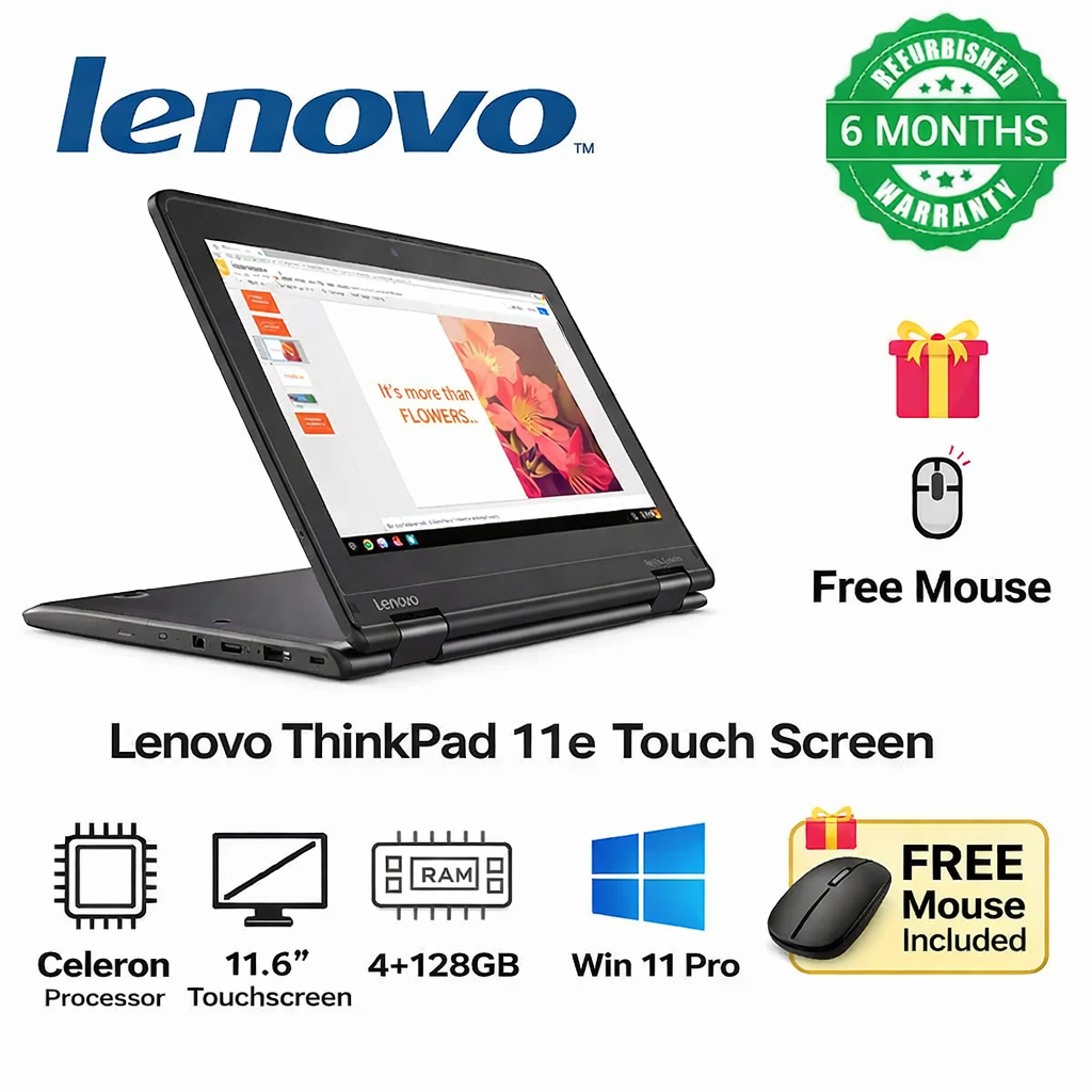 Refurbished Lenovo ThinkPad Yoga 11e Touchscreen Laptop – Intel Celeron, 4GB RAM, 128GB SSD, 11.6" Display, Windows 10 Pre-Installed