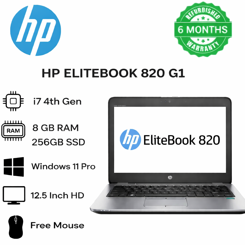 HP EliteBook 820 G1– Intel i7 (4th Gen), 8GB RAM, 256GB HDD, 12.5" – Windows 11 Pro | Slim, Reliable Business Laptop
