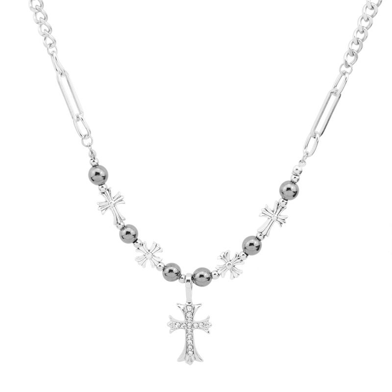 Luxury Black Onyx Cross Necklace, Diamond-Inlaid Beaded Unisex Hip Hop Chain