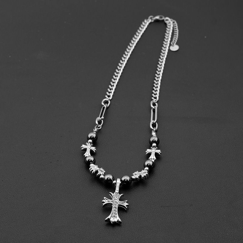 Luxury Black Onyx Cross Necklace, Diamond-Inlaid Beaded Unisex Hip Hop Chain