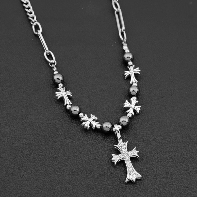 Luxury Black Onyx Cross Necklace, Diamond-Inlaid Beaded Unisex Hip Hop Chain