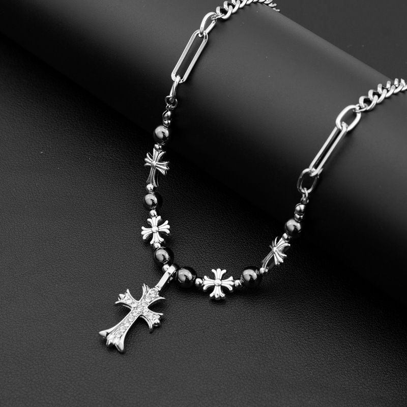 Luxury Black Onyx Cross Necklace, Diamond-Inlaid Beaded Unisex Hip Hop Chain