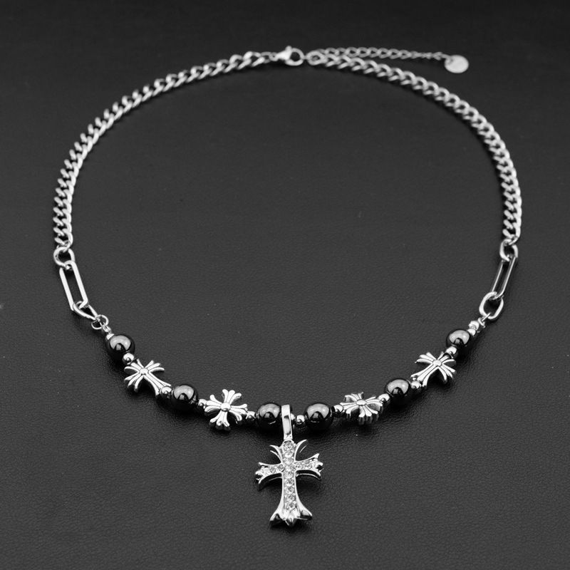 Luxury Black Onyx Cross Necklace, Diamond-Inlaid Beaded Unisex Hip Hop Chain