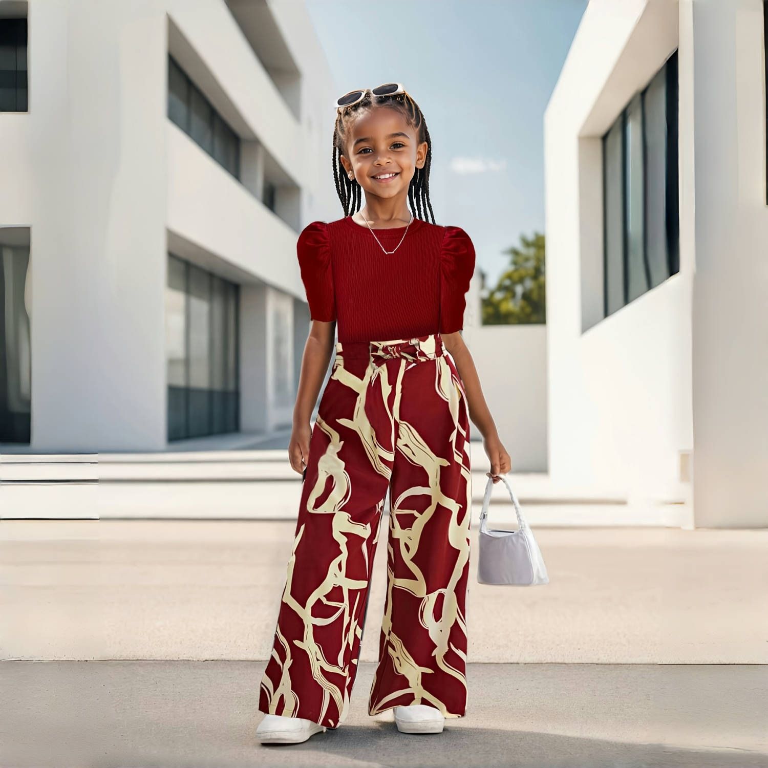 Trendy 2-Piece Girls Outfit Floral Print Bubble Sleeve Top Wide Leg Pants Set Ins Cute Summer Clothes for Girls Age 3-12 Breathable Clothing Sets