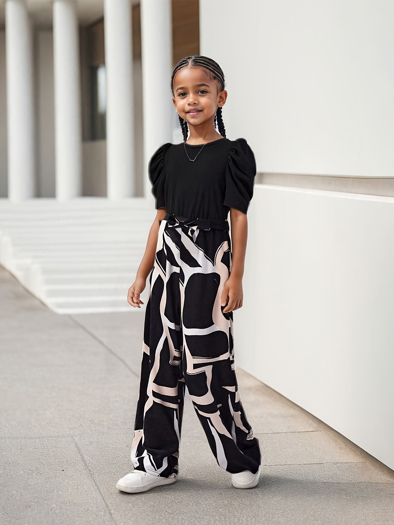 Trendy 2-Piece Girls Outfit Floral Print Bubble Sleeve Top Wide Leg Pants Set Ins Cute Summer Clothes for Girls Age 3-12 Breathable Clothing Sets