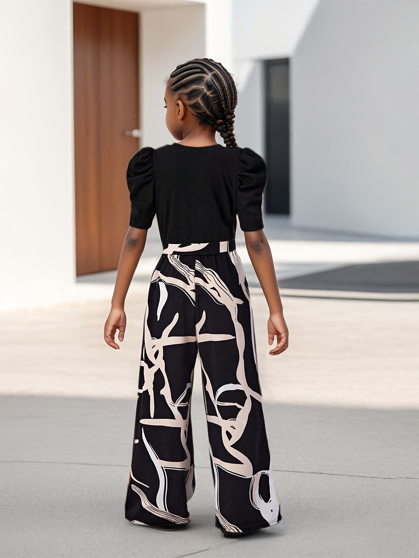 Trendy 2-Piece Girls Outfit Floral Print Bubble Sleeve Top Wide Leg Pants Set Ins Cute Summer Clothes for Girls Age 3-12 Breathable Clothing Sets