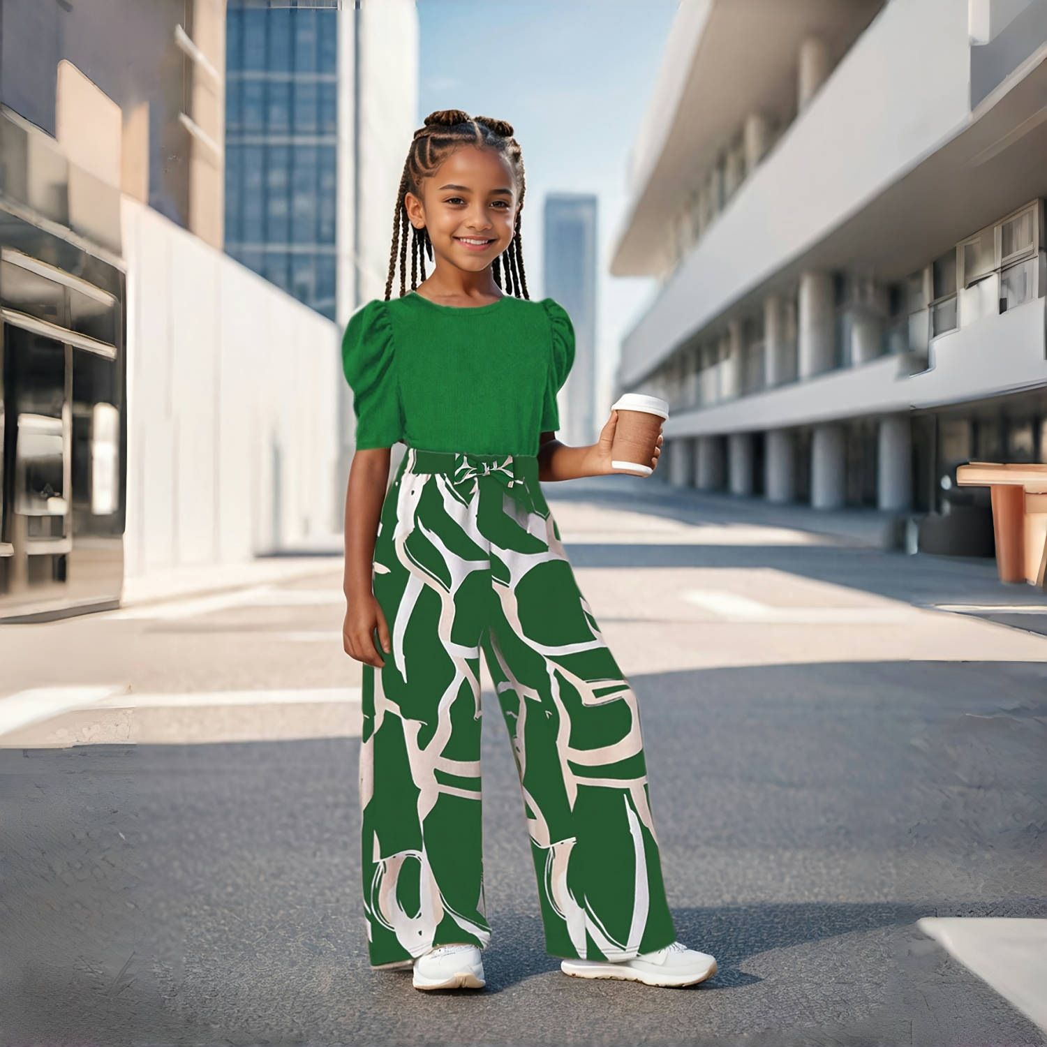 Trendy 2-Piece Girls Outfit Floral Print Bubble Sleeve Top Wide Leg Pants Set Ins Cute Summer Clothes for Girls Age 3-12 Breathable Clothing Sets