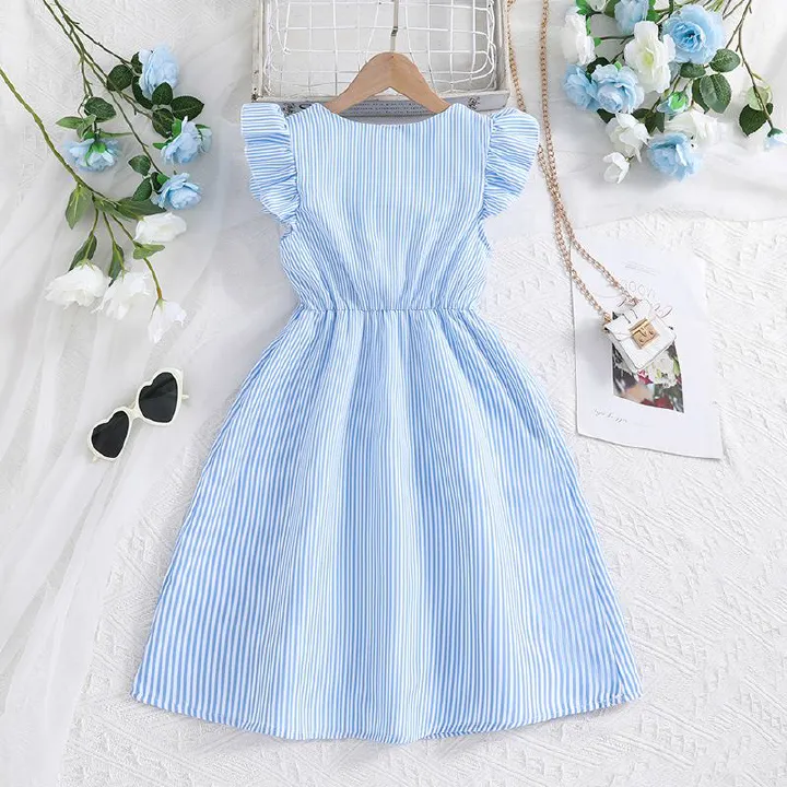 Summer Girls' Flutter Sleeve Stripe Dress Trendy Princess Style for Big Kids Perfect Birthday Gift Breathable Cotton Twirl Skirt