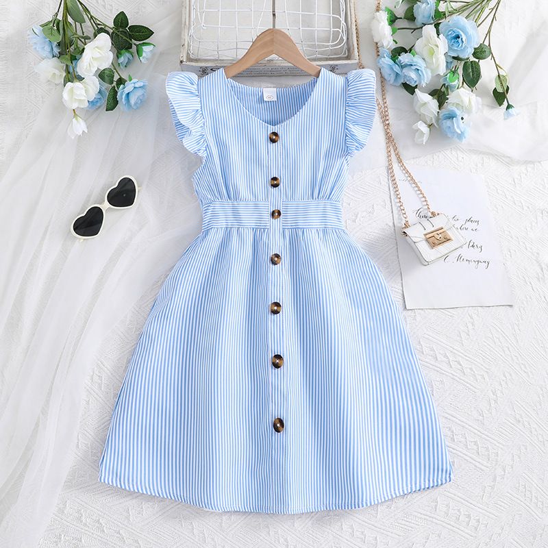 Summer Girls' Flutter Sleeve Stripe Dress Trendy Princess Style for Big Kids Perfect Birthday Gift Breathable Cotton Twirl Skirt