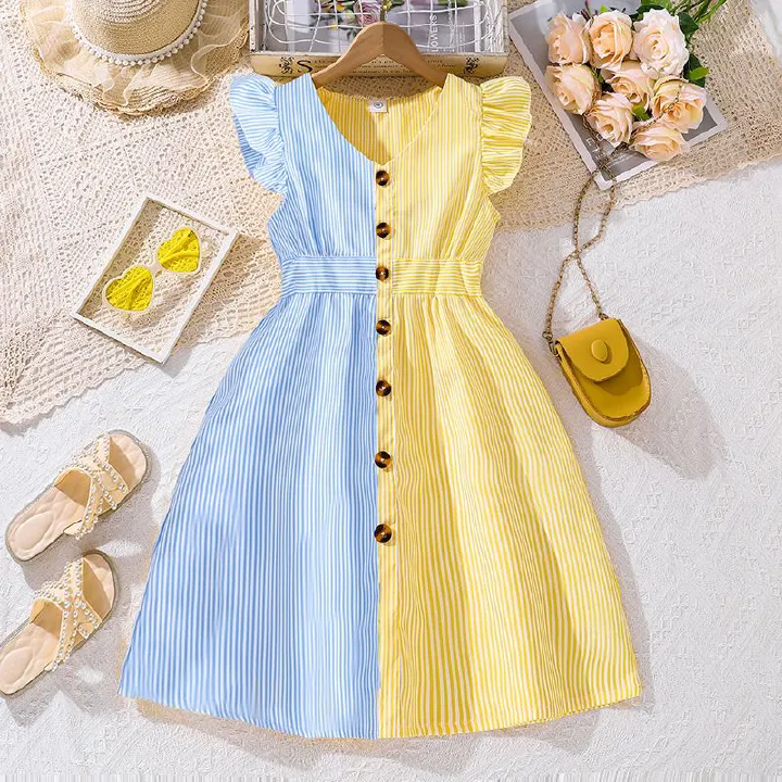 Summer Girls' Flutter Sleeve Stripe Dress Trendy Princess Style for Big Kids Perfect Birthday Gift Breathable Cotton Twirl Skirt