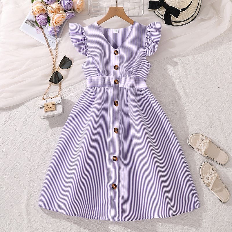 Summer Girls' Flutter Sleeve Stripe Dress Trendy Princess Style for Big Kids Perfect Birthday Gift Breathable Cotton Twirl Skirt