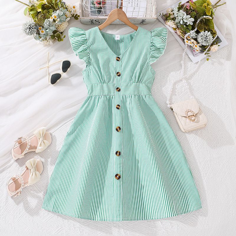 Summer Girls' Flutter Sleeve Stripe Dress Trendy Princess Style for Big Kids Perfect Birthday Gift Breathable Cotton Twirl Skirt