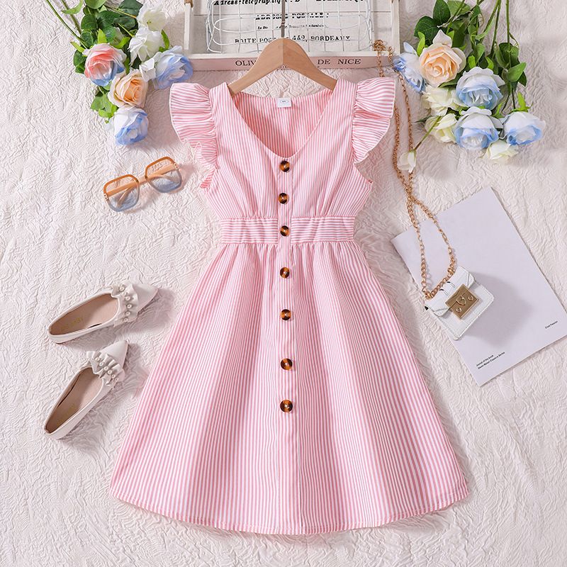 Summer Girls' Flutter Sleeve Stripe Dress Trendy Princess Style for Big Kids Perfect Birthday Gift Breathable Cotton Twirl Skirt