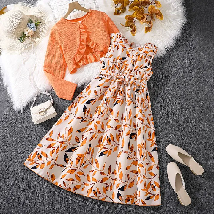 2025 Autumn Girls' 2-Piece Set Printed Dress Long Sleeve Jacket Trendy Instagram Outfit for Big Kids Age 8-12  Matching Set Breathable Cotton