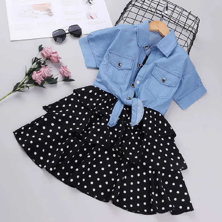 Women's and children's summer clothing new short sleeved denim jacket camisole princess skirt set