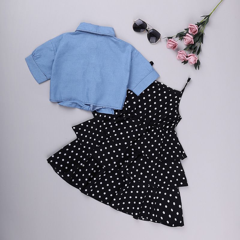 Women's and children's summer clothing new short sleeved denim jacket camisole princess skirt set