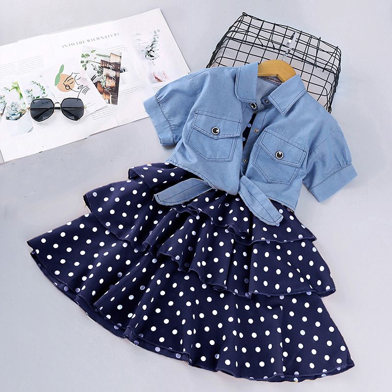 Women's and children's summer clothing new short sleeved denim jacket camisole princess skirt set
