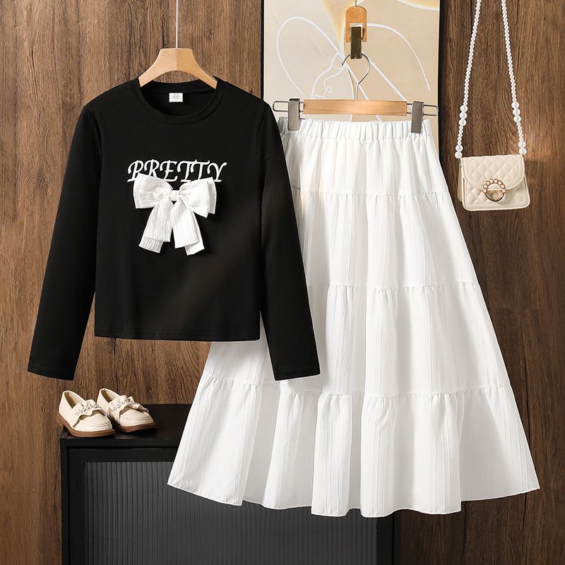 Girls' Children's Clothing Fashion New Hoodie Set Bow Long Sleeved Sweet Casual Top Half Skirt Princess Skirt