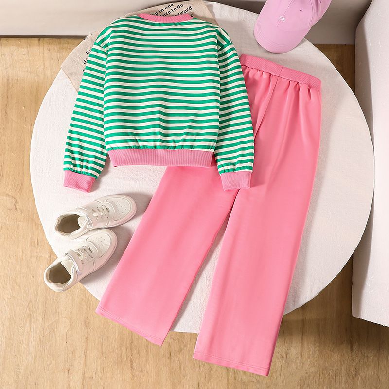 Girls Set Children's Clothing Fashion New Style Striped Long Sleeved Hoodie Casual Pants Two-Piece Set