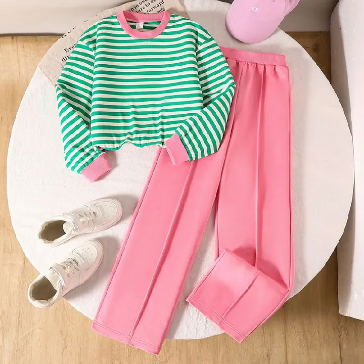 Girls Set Children's Clothing Fashion New Style Striped Long Sleeved Hoodie Casual Pants Two-Piece Set