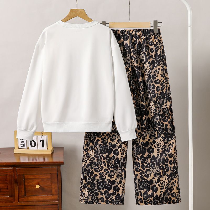 Girls Set Children's Clothing Fashion New Style Leopard Print Bow Print Long Sleeved Hoodie Wide Leg Pants 2-Piece Set