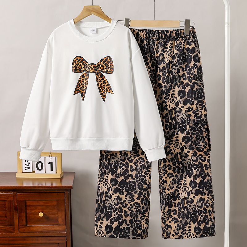 Girls Set Children's Clothing Fashion New Style Leopard Print Bow Print Long Sleeved Hoodie Wide Leg Pants 2-Piece Set