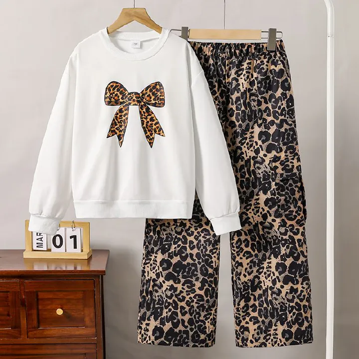 Girls Set Children's Clothing Fashion New Style Leopard Print Bow Print Long Sleeved Hoodie Wide Leg Pants 2-Piece Set